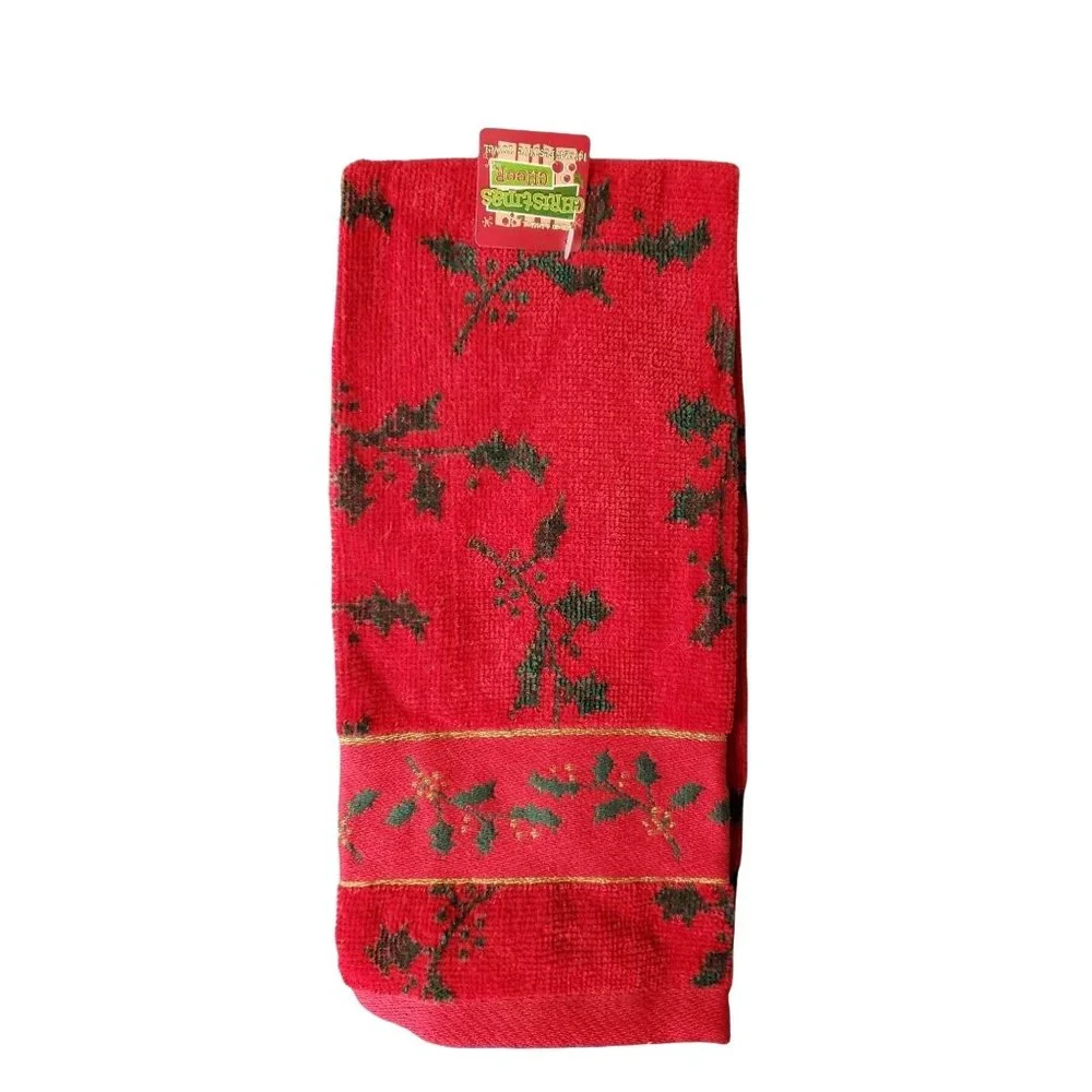 Peachtree Christmas Holly Festive embroidered Gold Red‎ Kitchen Hand towel